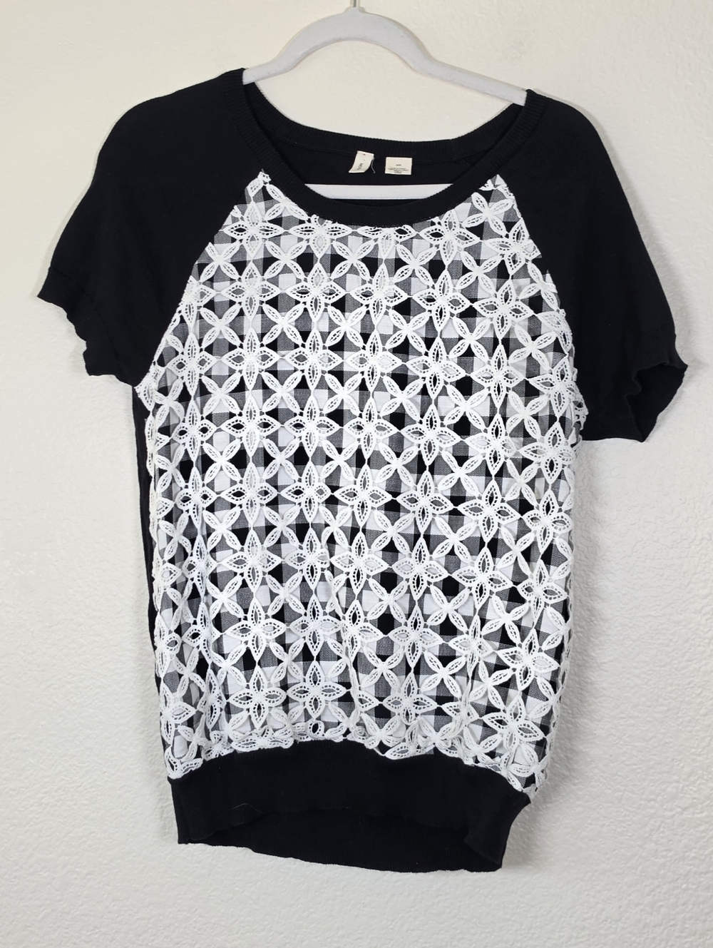 Anthropologie Moth Short Sleeve Lace Gingham Sweater Blouse M